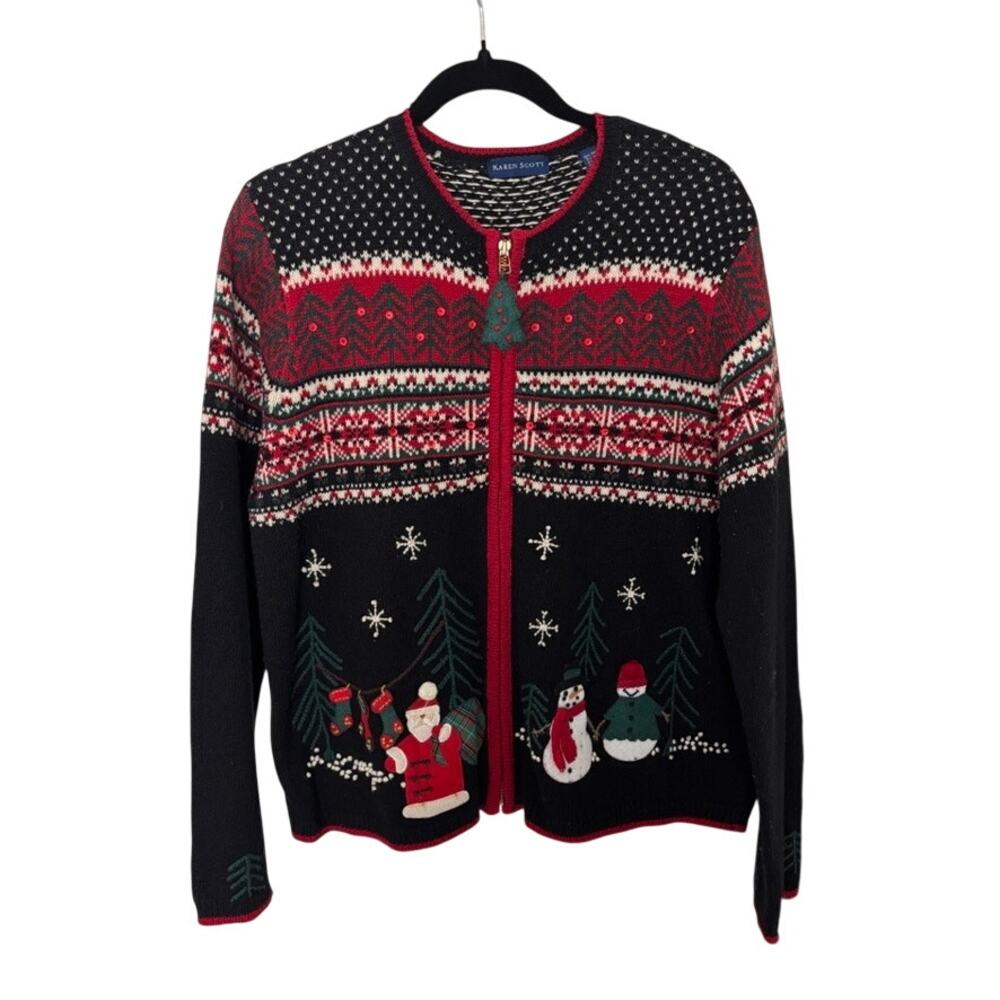 Vintage Ugly Christmas Sweater Full Zip Embroidered Felt‎ Holiday Women’s L